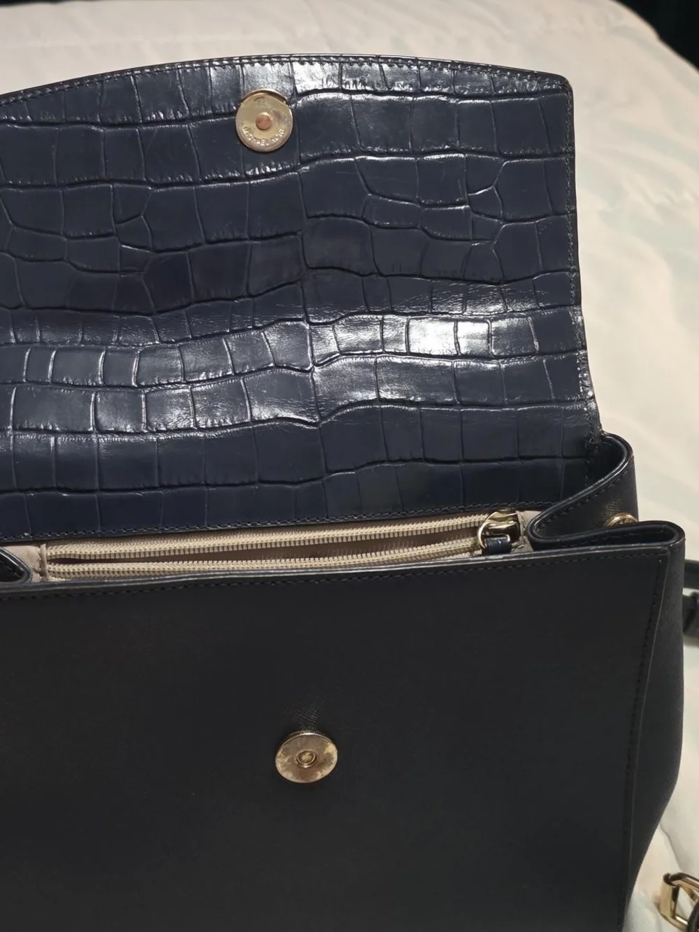 Michael Kors Navy Croc-Embossed Top-Handle Satchel with Gold Chain